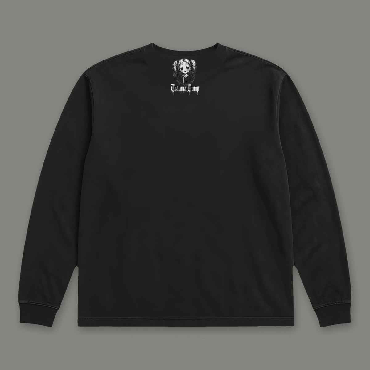 People Pleaser Long Sleeve Tee in black, back view with doll portrait logo under the collar (Black, white ink)