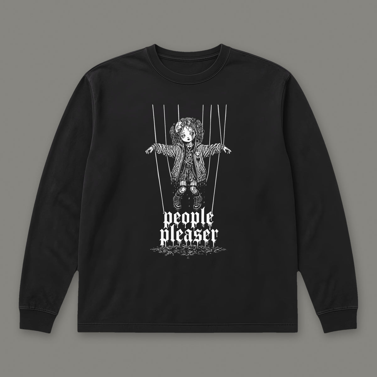 People Pleaser Long Sleeve Tee in black, front view (Black, white ink)
