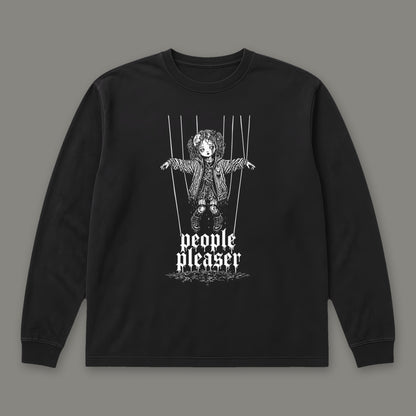 People Pleaser Long Sleeve Tee in black, front view (Black, white ink)