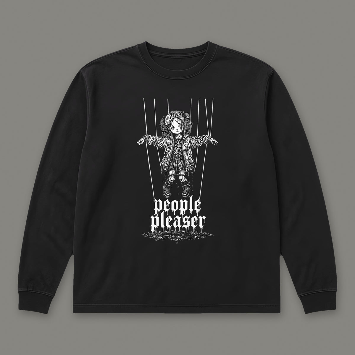 People Pleaser Long Sleeve Tee in black, front view (Black, white ink)
