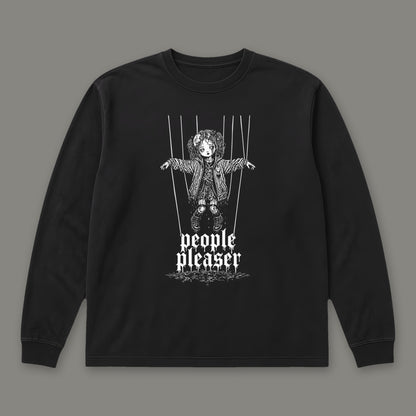 People Pleaser Long Sleeve Tee in black, front view (Black, white ink)