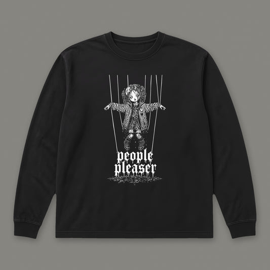 People Pleaser Long Sleeve Tee in black, front view (Black, white ink)