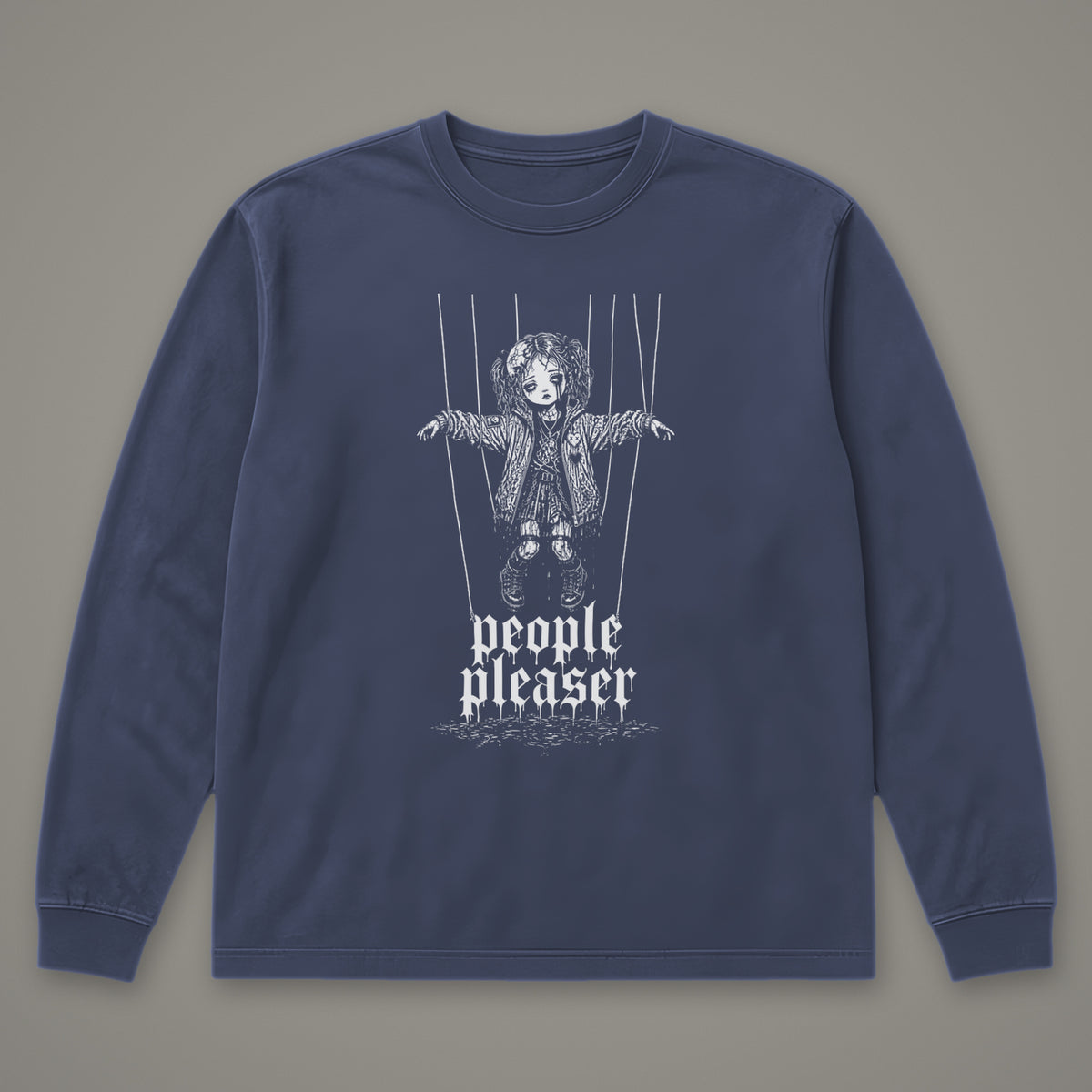 People Pleaser Long Sleeve Tee in navy, front view (Navy, white ink)
