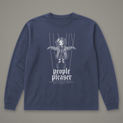 People Pleaser Long Sleeve Tee in navy, front view (Navy, white ink)