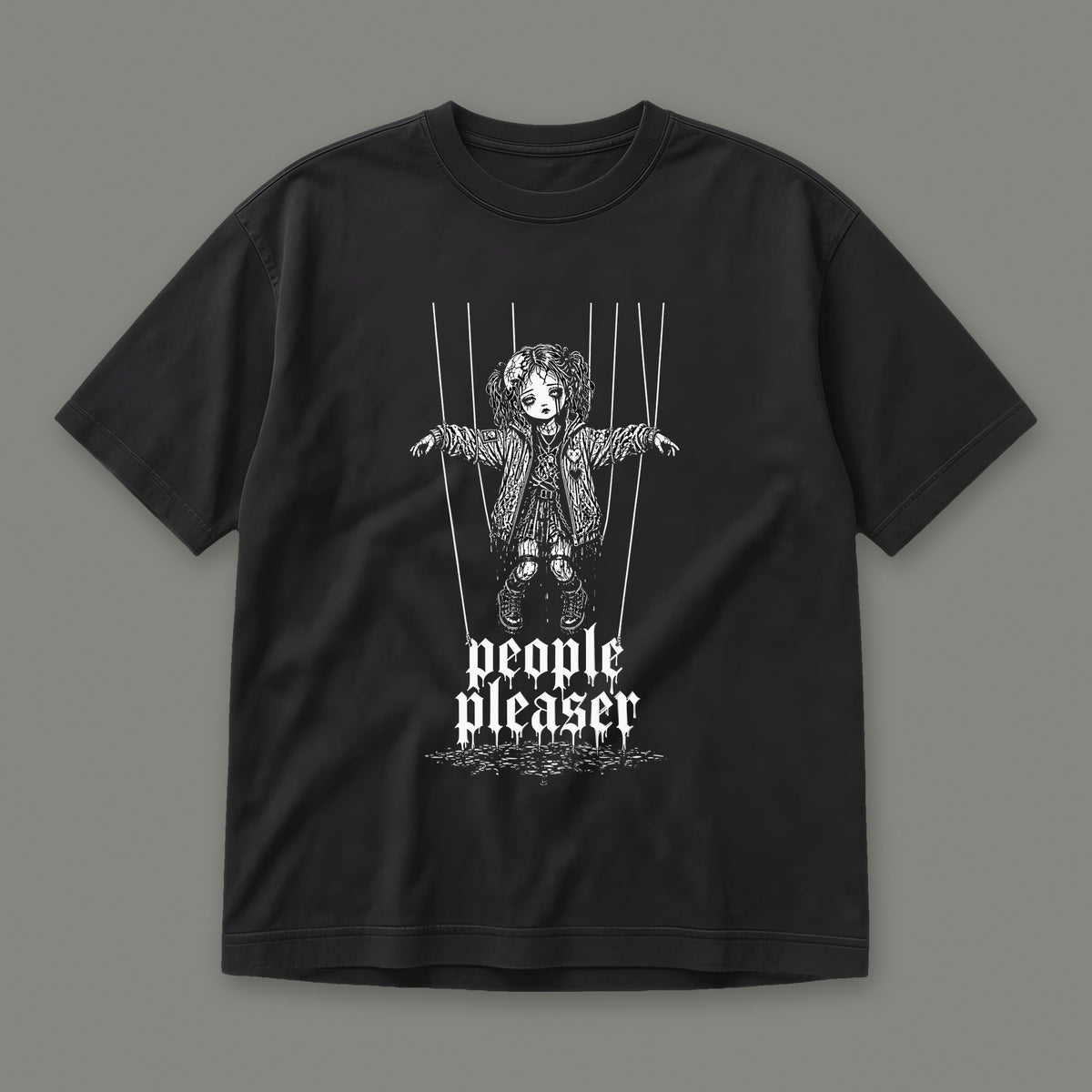 People Pleaser Men's Heavyweight Tee in black by Trauma Dump, cut-string marionette tattoo-style gothic graphic in white ink (Black, white ink)