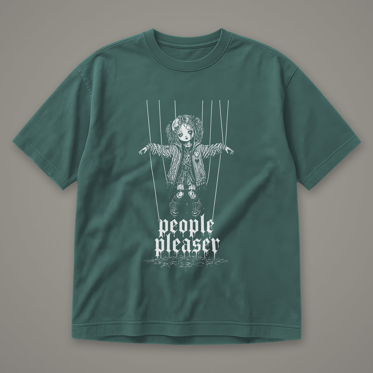 People Pleaser Men's Heavyweight Tee in blue spruce by Trauma Dump, cut-string marionette tattoo-style gothic graphic in white ink (Blue Spruce, white ink)