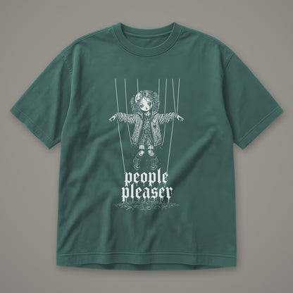 People Pleaser Men's Heavyweight Tee in blue spruce by Trauma Dump, cut-string marionette tattoo-style gothic graphic in white ink (Blue Spruce, white ink)