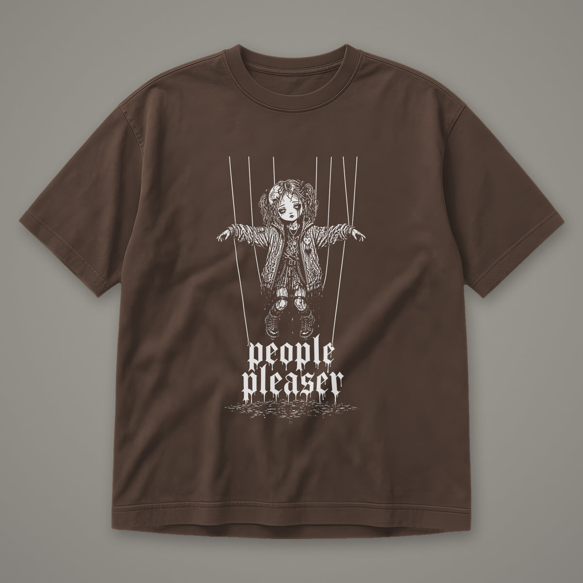 People Pleaser Men's Heavyweight Tee in espresso by Trauma Dump, cut-string marionette tattoo-style gothic graphic in white ink (Espresso, white ink)