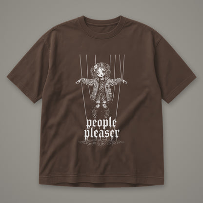 People Pleaser Men's Heavyweight Tee in espresso by Trauma Dump, cut-string marionette tattoo-style gothic graphic in white ink (Espresso, white ink)