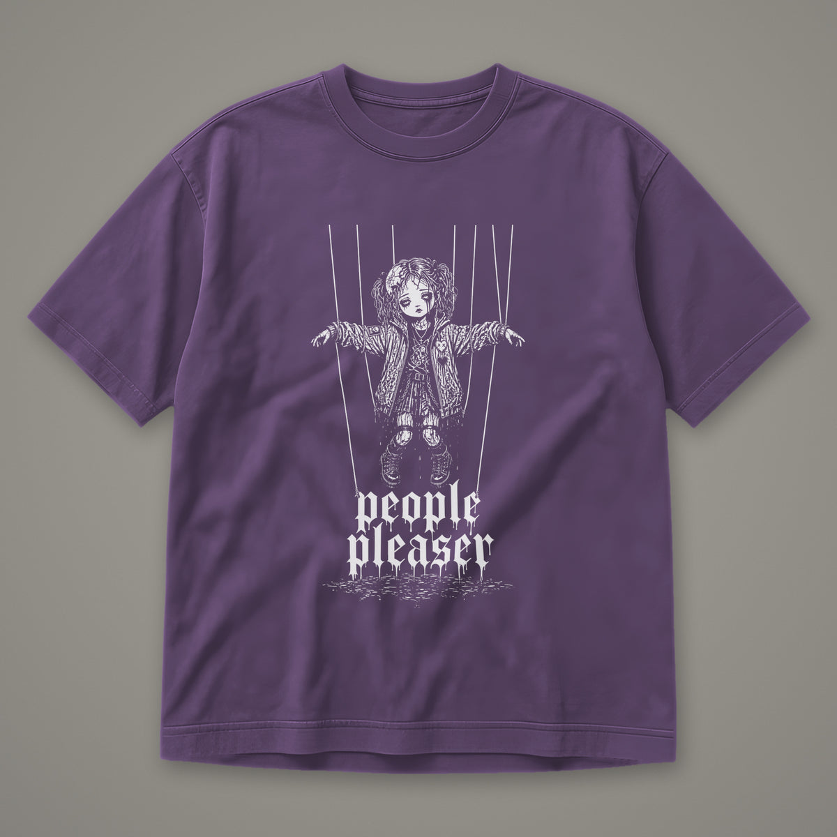 People Pleaser Men's Heavyweight Tee in grape by Trauma Dump, cut-string marionette tattoo-style gothic graphic in white ink (Grape, white ink)