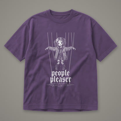 People Pleaser Men's Heavyweight Tee in grape by Trauma Dump, cut-string marionette tattoo-style gothic graphic in white ink (Grape, white ink)