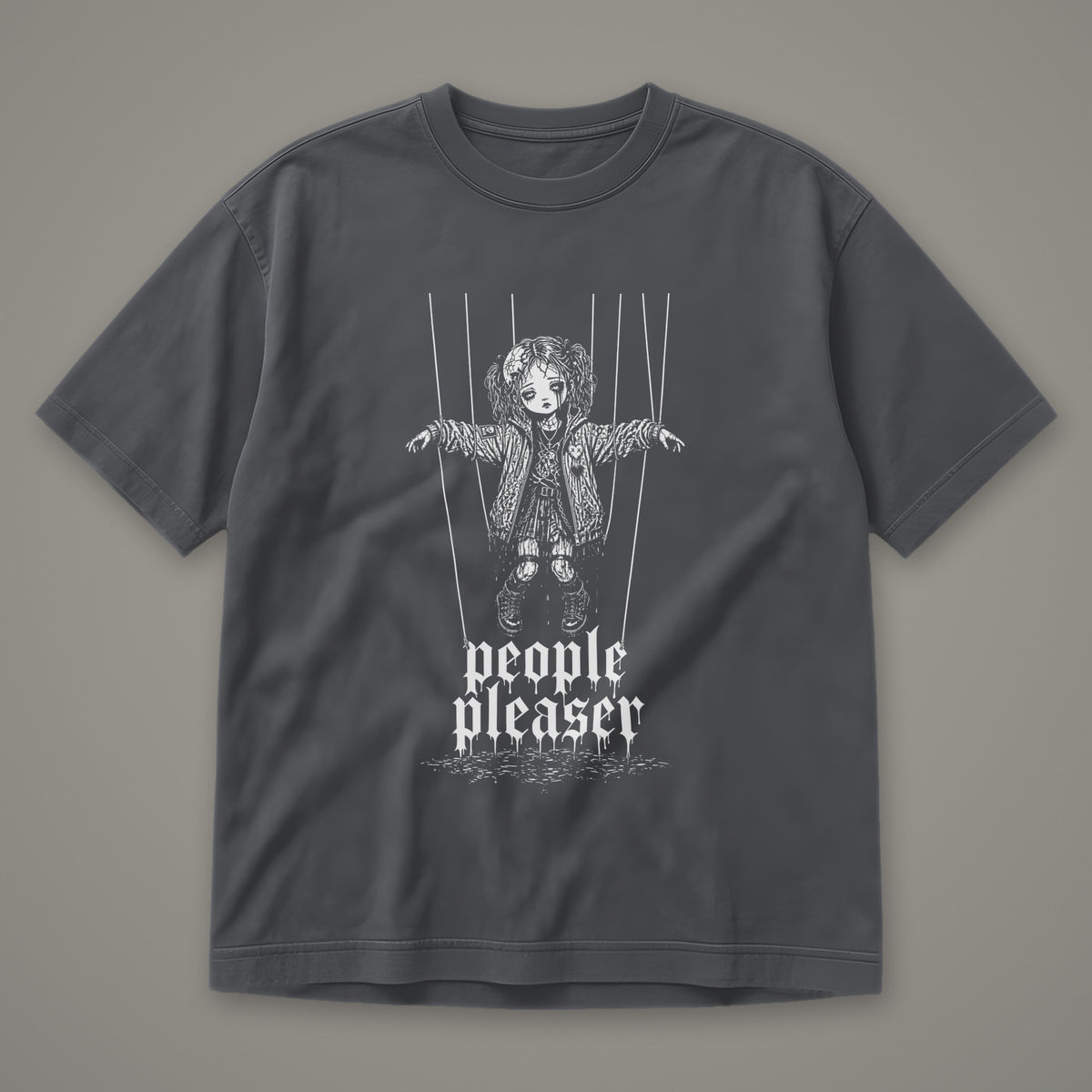 People Pleaser Men's Heavyweight Tee in graphite by Trauma Dump, cut-string marionette tattoo-style gothic graphic in white ink (Graphite, white ink)