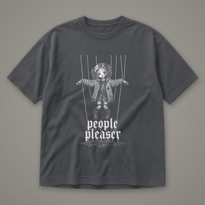 People Pleaser Men's Heavyweight Tee in graphite by Trauma Dump, cut-string marionette tattoo-style gothic graphic in white ink (Graphite, white ink)