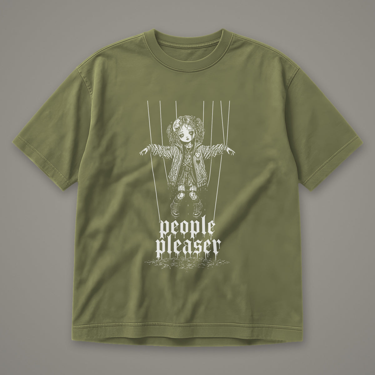 People Pleaser Men's Heavyweight Tee in moss by Trauma Dump, cut-string marionette tattoo-style gothic graphic in white ink (Moss, white ink)