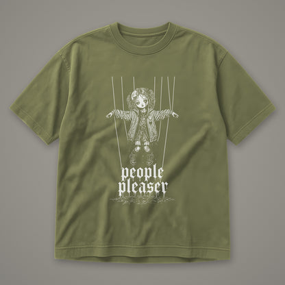 People Pleaser Men's Heavyweight Tee in moss by Trauma Dump, cut-string marionette tattoo-style gothic graphic in white ink (Moss, white ink)