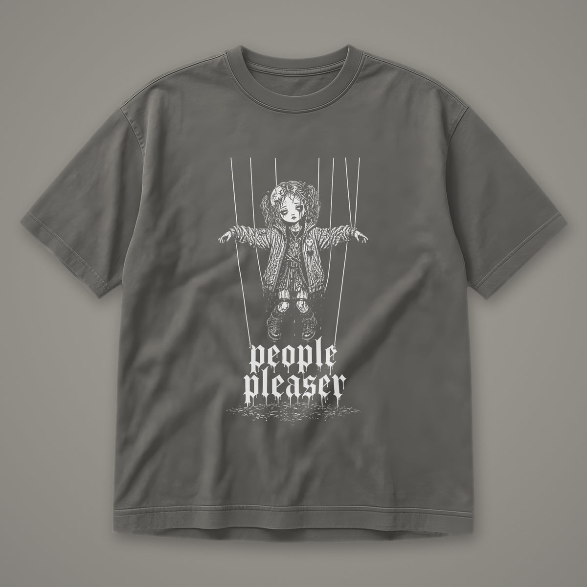 People Pleaser Men's Heavyweight Tee in pepper by Trauma Dump, cut-string marionette tattoo-style gothic graphic in white ink (Pepper, white ink)