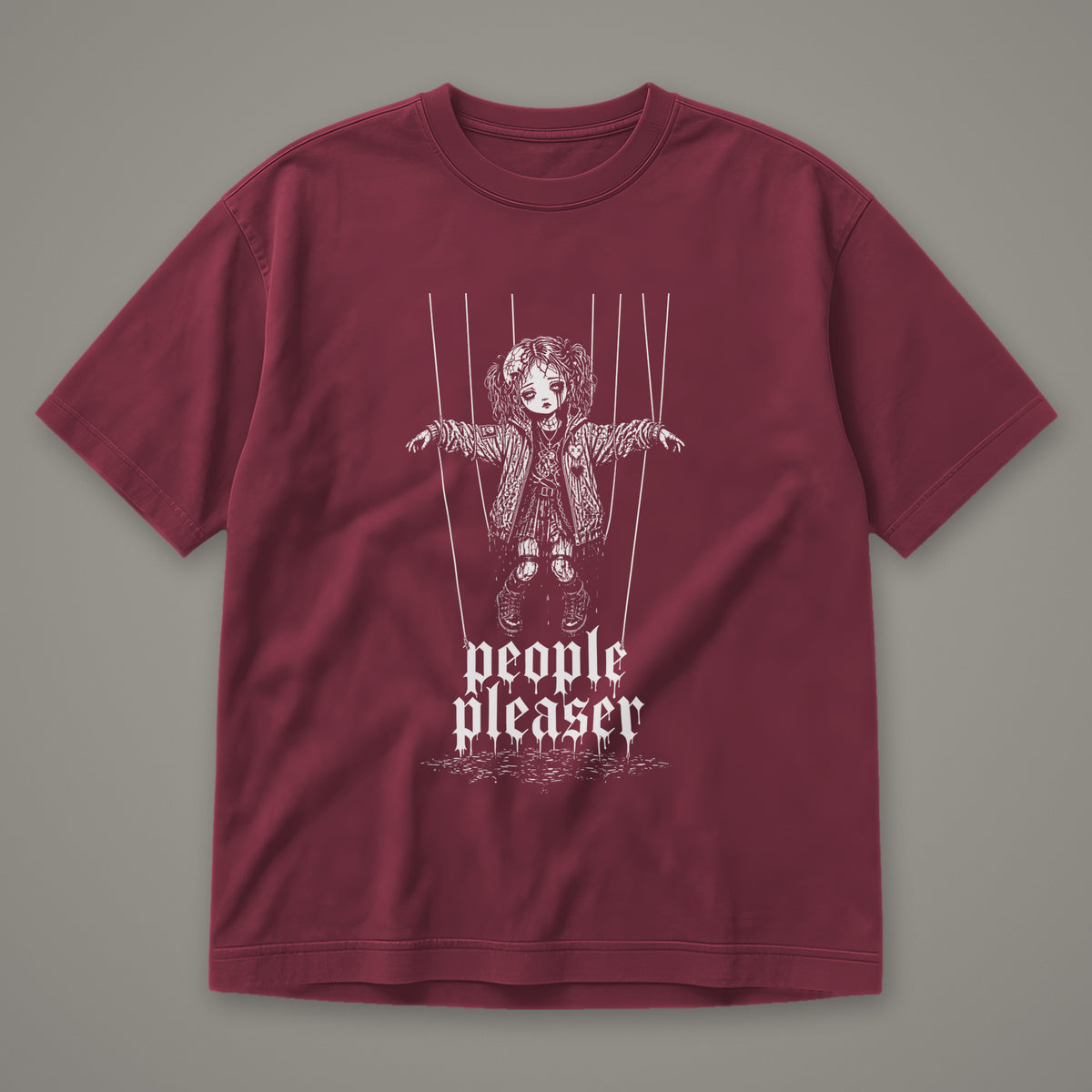 People Pleaser Men's Heavyweight Tee in wine by Trauma Dump, cut-string marionette tattoo-style gothic graphic in white ink (Wine, white ink)