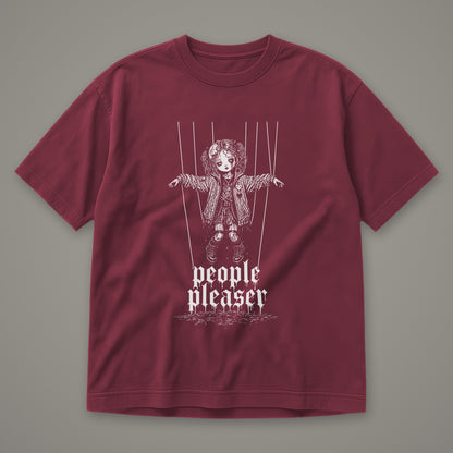People Pleaser Men's Heavyweight Tee in wine by Trauma Dump, cut-string marionette tattoo-style gothic graphic in white ink (Wine, white ink)