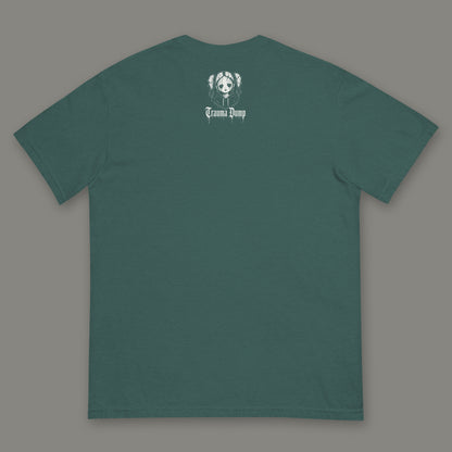 People Pleaser Men's Heavyweight Tee in blue spruce by Trauma Dump, men's heavyweight tee goth tee back view with TD doll logo under the collar in white ink (Blue Spruce, White ink)