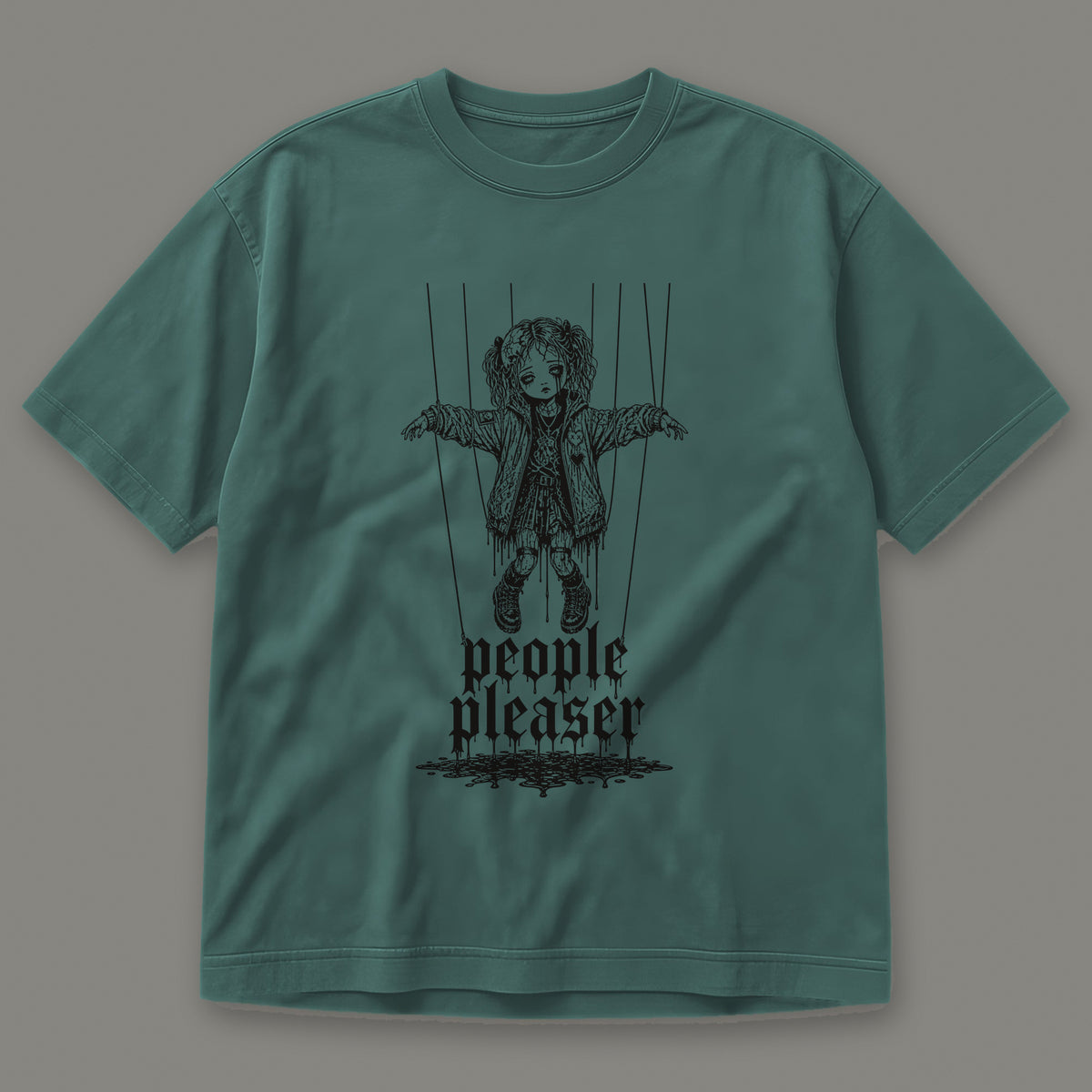People Pleaser Men's Heavyweight Tee in blue spruce by Trauma Dump, cut-string marionette tattoo-style gothic graphic in black ink (Blue Spruce, black ink)