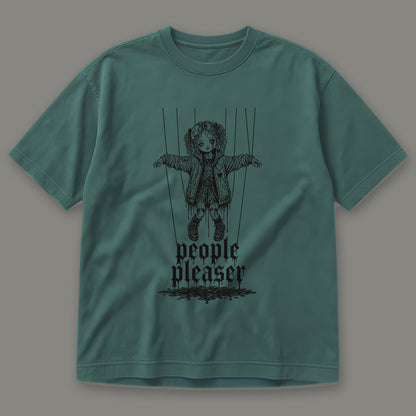 People Pleaser Men's Heavyweight Tee in blue spruce by Trauma Dump, cut-string marionette tattoo-style gothic graphic in black ink (Blue Spruce, black ink)