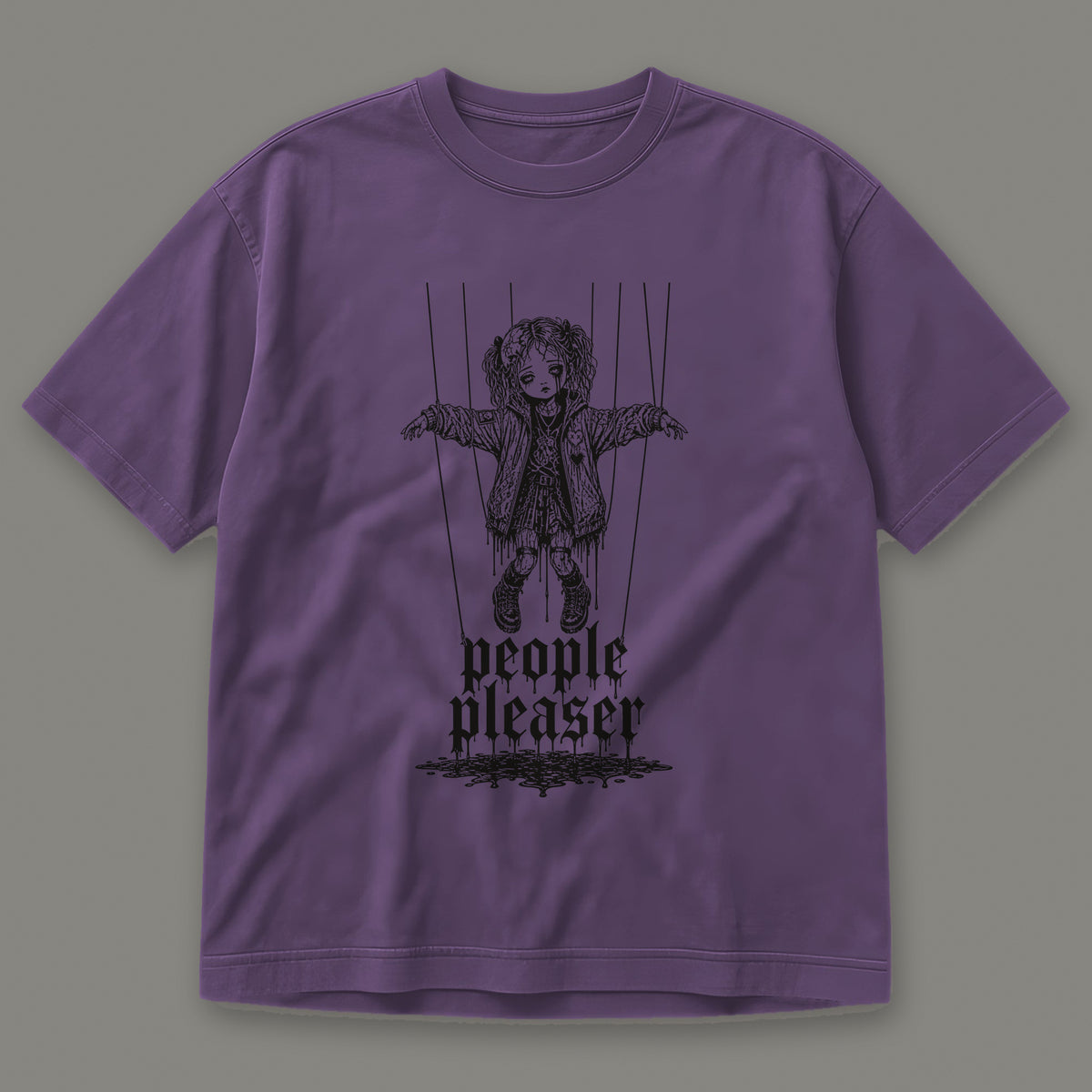 People Pleaser Men's Heavyweight Tee in grape by Trauma Dump, cut-string marionette tattoo-style gothic graphic in black ink (Grape, black ink)