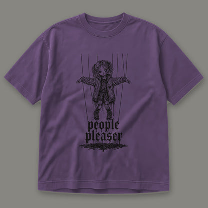 People Pleaser Men's Heavyweight Tee in grape by Trauma Dump, cut-string marionette tattoo-style gothic graphic in black ink (Grape, black ink)