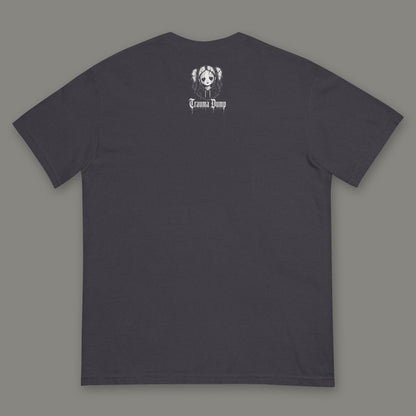 People Pleaser Men's Heavyweight Tee in graphite by Trauma Dump, men's heavyweight tee goth tee back view with TD doll logo under the collar in white ink (Graphite, White ink)