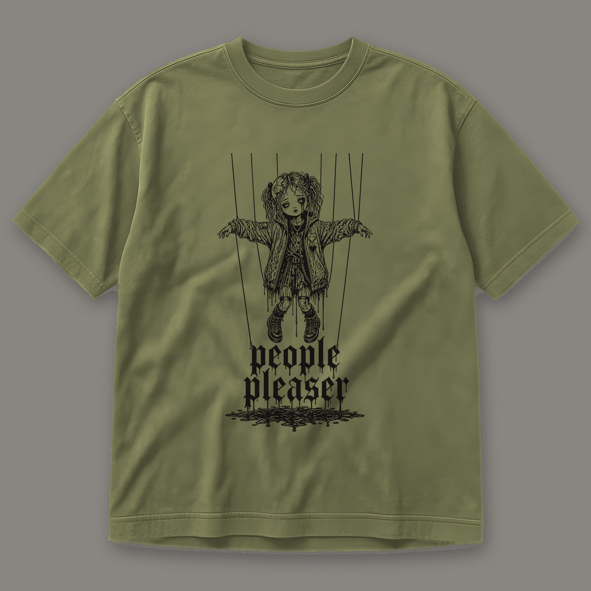 People Pleaser Men's Heavyweight Tee in moss by Trauma Dump, cut-string marionette tattoo-style gothic graphic in black ink (Moss, black ink)
