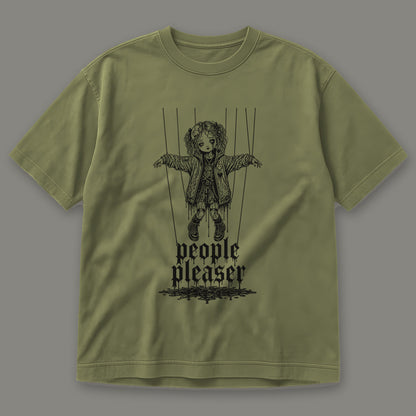 People Pleaser Men's Heavyweight Tee in moss by Trauma Dump, cut-string marionette tattoo-style gothic graphic in black ink (Moss, black ink)