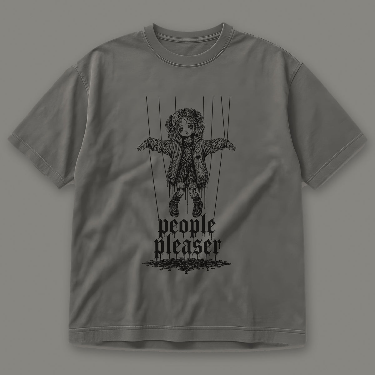People Pleaser Men's Heavyweight Tee in pepper by Trauma Dump, cut-string marionette tattoo-style gothic graphic in black ink (Pepper, black ink)