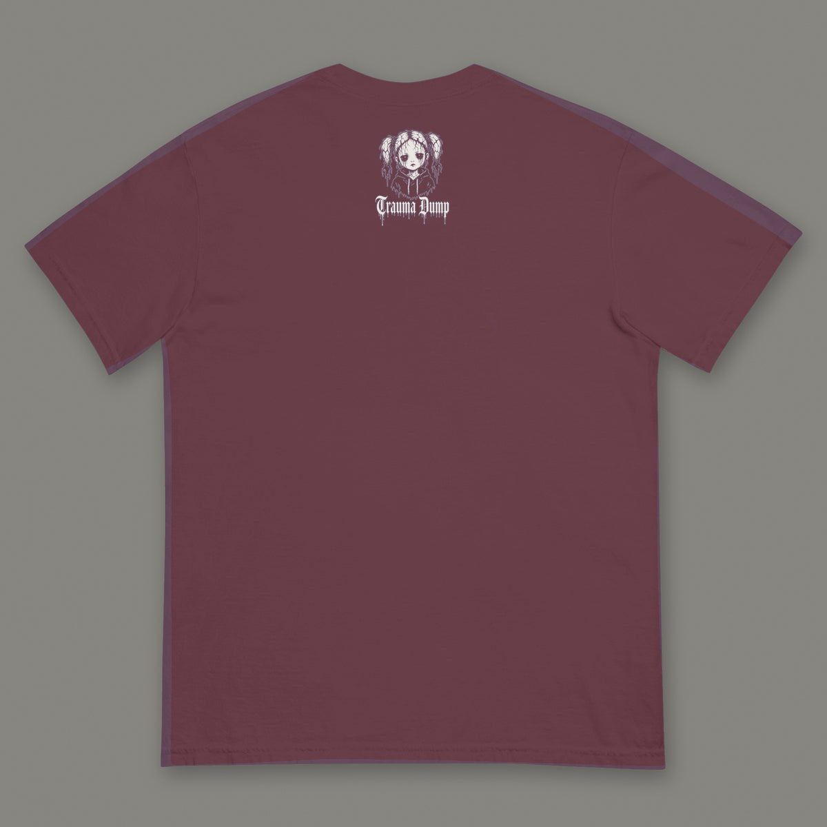 People Pleaser Men's Heavyweight Tee in wine by Trauma Dump, men's heavyweight tee goth tee back view with TD doll logo under the collar in white ink (Wine, White ink)