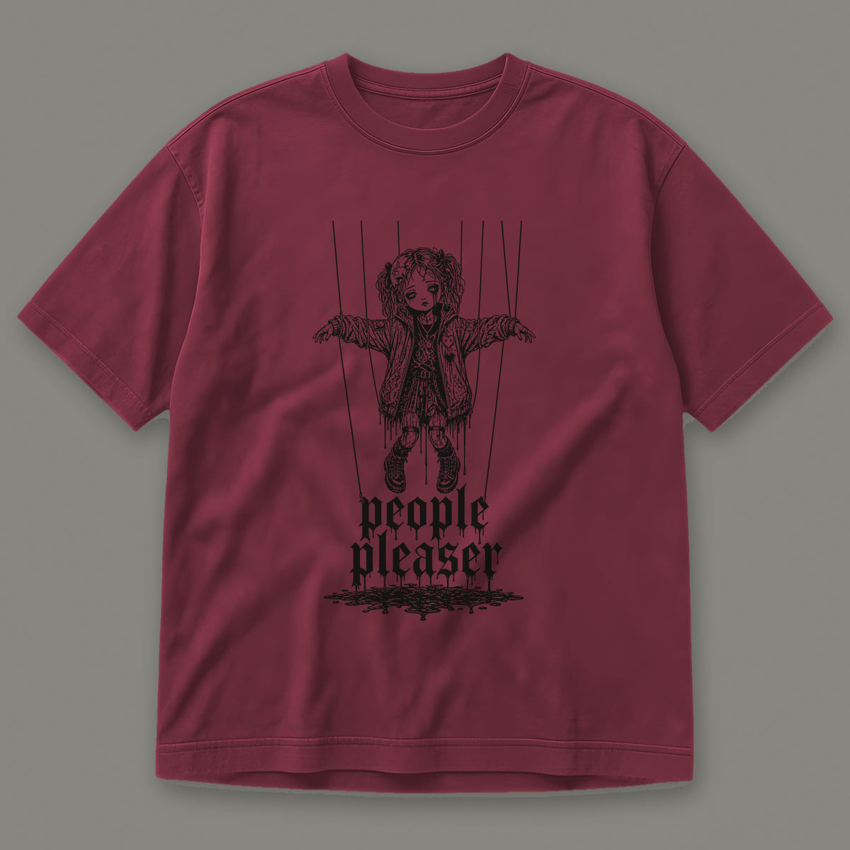 People Pleaser Men's Heavyweight Tee in wine by Trauma Dump, cut-string marionette tattoo-style gothic graphic in black ink (Wine, black ink)