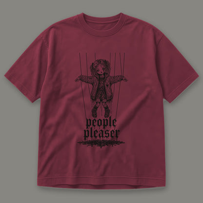 People Pleaser Men's Heavyweight Tee in wine by Trauma Dump, cut-string marionette tattoo-style gothic graphic in black ink (Wine, black ink)