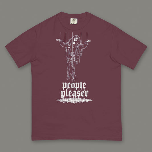 People Pleaser Men's Heavyweight Tee in wine by Trauma Dump, cut-string marionette tattoo-style gothic graphic in white ink (Wine, white ink)