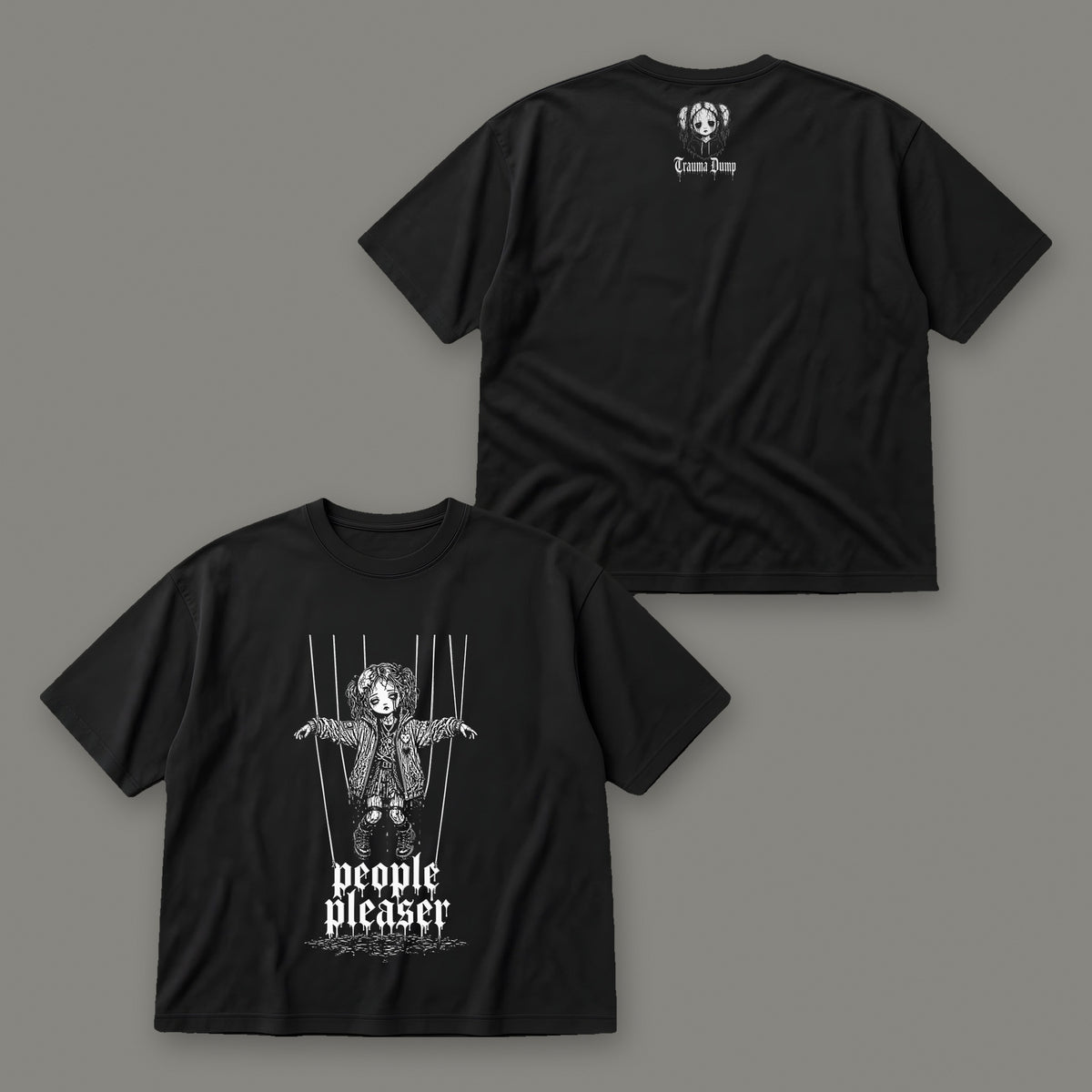 People Pleaser Men's Oversized Tee by Trauma Dump, front and back view of black goth tee