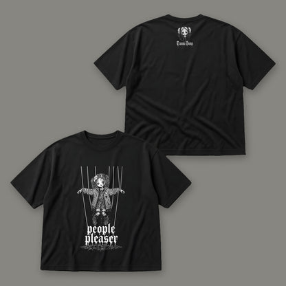 People Pleaser Men's Oversized Tee by Trauma Dump, front and back view of black goth tee