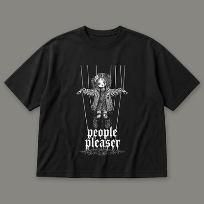 People Pleaser Men's Oversized Tee in black by Trauma Dump, cut-string marionette tattoo-style gothic graphic