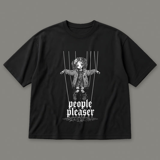 People Pleaser Men's Oversized Tee in black by Trauma Dump, cut-string marionette tattoo-style gothic graphic