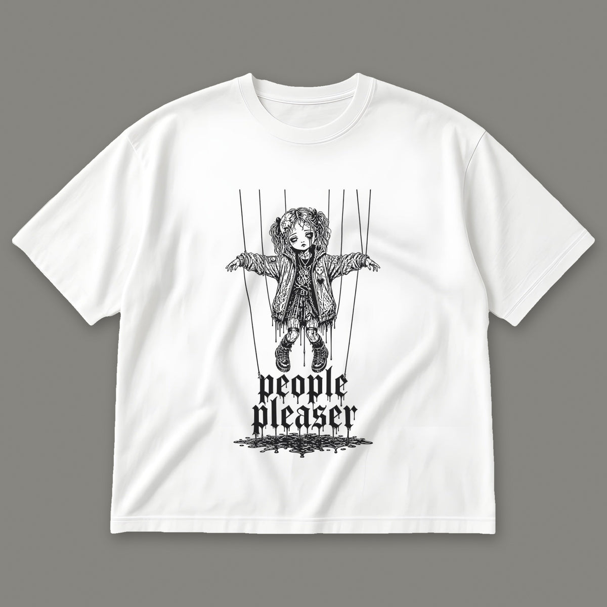 People Pleaser Men's Oversized Tee in white by Trauma Dump, cut-string marionette tattoo-style gothic graphic in black ink