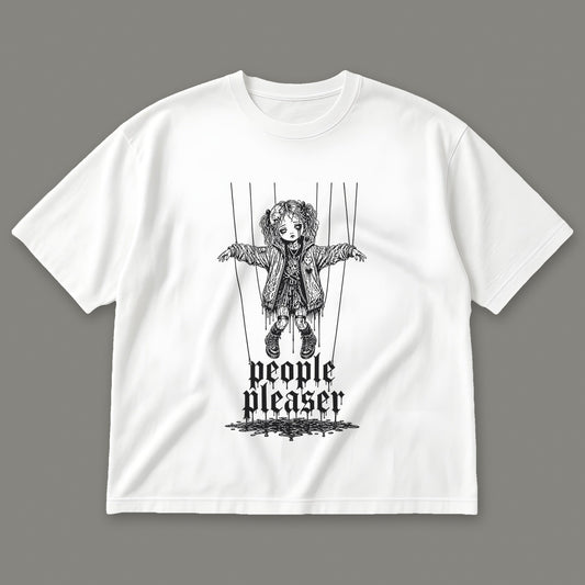 People Pleaser Men's Oversized Tee in white by Trauma Dump, cut-string marionette tattoo-style gothic graphic in black ink
