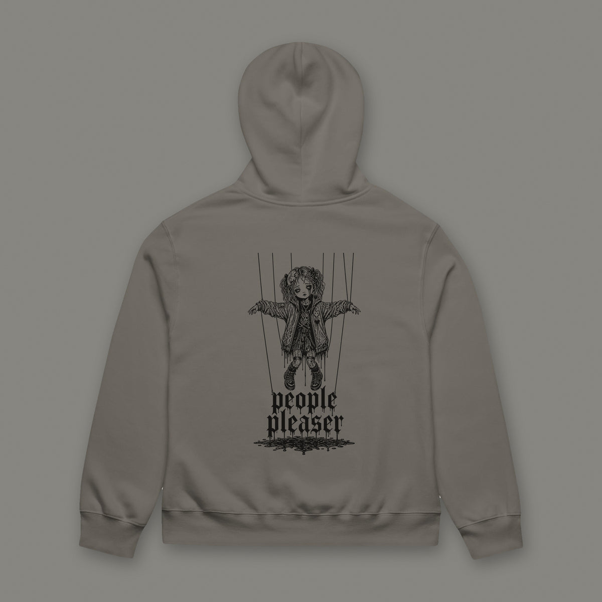 People Pleaser Oversized Heavyweight Hoodie in asphalt by Trauma Dump, oversized asphalt goth hoodie back with cut-strings marionette print in black ink (Asphalt, black ink)