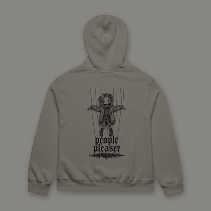 People Pleaser Oversized Heavyweight Hoodie in asphalt by Trauma Dump, oversized asphalt goth hoodie back with cut-strings marionette print in black ink (Asphalt, black ink)