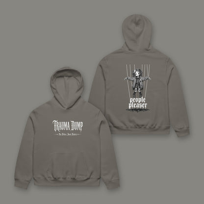 People Pleaser Oversized Heavyweight Hoodie in asphalt black by Trauma Dump, cut-strings marionette tattoo-style gothic graphic (Asphalt, white ink)