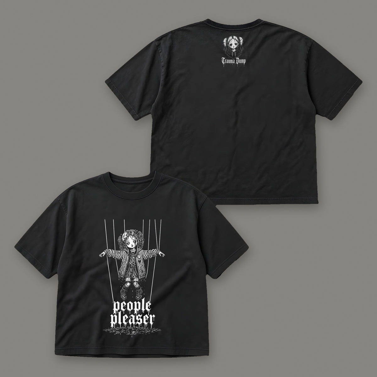 People Pleaser Women's Boxy Tee by Trauma Dump, front and back view of black goth tee (Black, white ink)