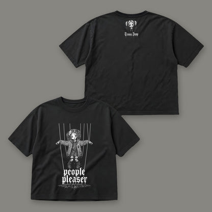 People Pleaser Women's Boxy Tee by Trauma Dump, front and back view of black goth tee (Black, white ink)