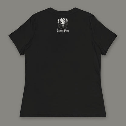 People Pleaser Women's Relaxed Tee in black by Trauma Dump, women's relaxed tee goth tee back view with TD doll logo under the collar in white ink (Black, White ink)