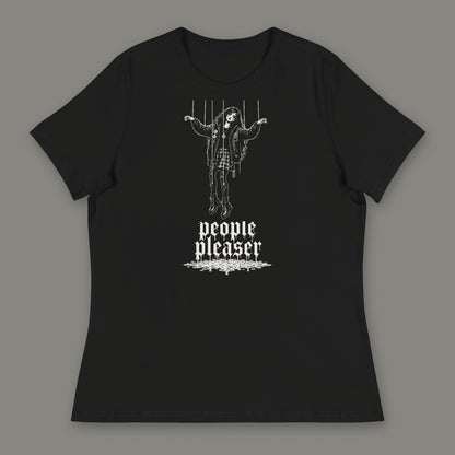 People Pleaser Women's Relaxed Tee in black by Trauma Dump, cut-string marionette tattoo-style gothic graphic in white ink (Black, white ink)