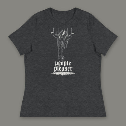 People Pleaser Women's Relaxed Tee in dark grey heather by Trauma Dump, cut-string marionette tattoo-style gothic graphic in white ink (Dark Grey Heather, white ink)