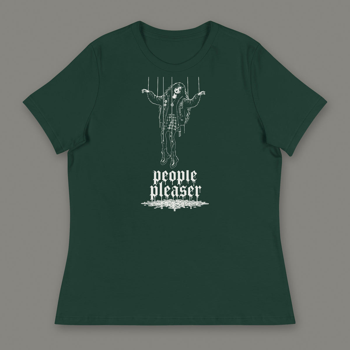 People Pleaser Women's Relaxed Tee in forest green by Trauma Dump, cut-string marionette tattoo-style gothic graphic in white ink (Forest Green, white ink)